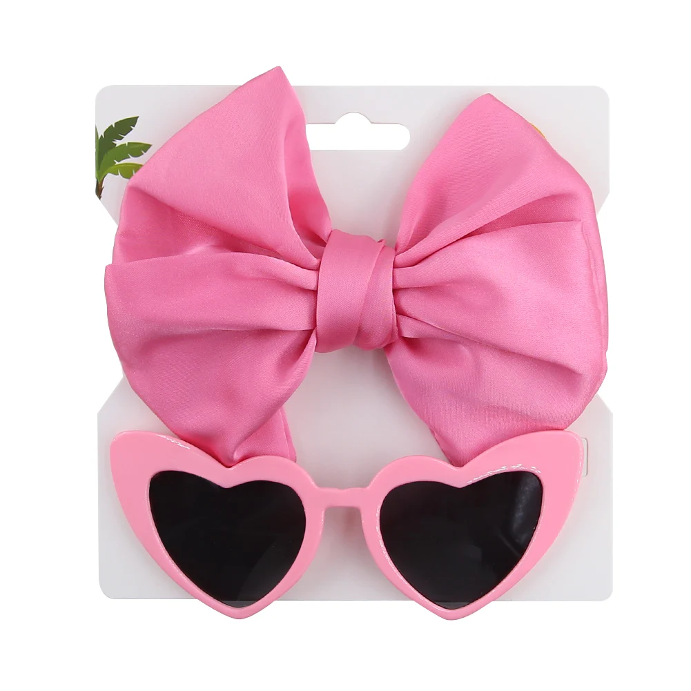 2Pcs/Set Heart Shape Baby Sunglasses with Silk Satin Hair Bow Headbands Fashion Party Gift Headwear Kids Boutique Headdress