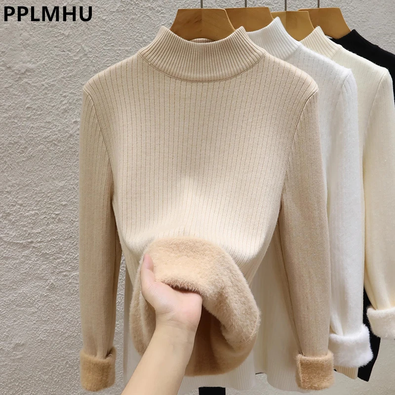 Winter Warm Knit Sweater Women Thick Plush Velvet Lined Pullover Tops Slim Soft Long Sleeve Knitwear Jumper New Malhas Poleras