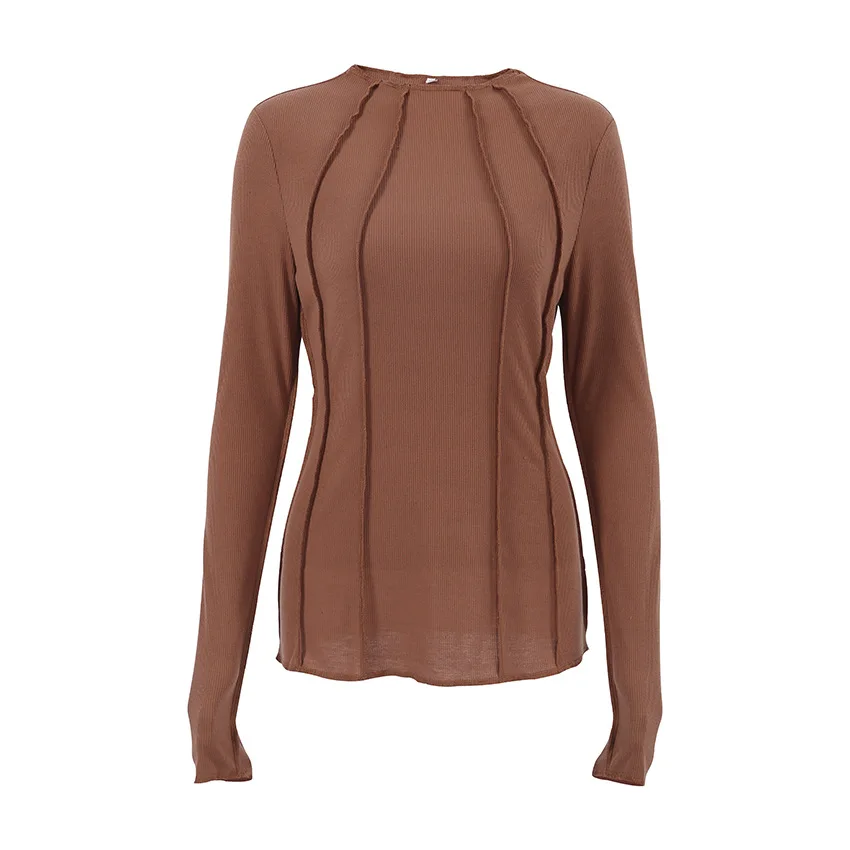 Soolasea Long Sleeve T-shirts Women Spring Solid O-Neck Elegant Bright Line Decoration Tees Slim Casual Soft High Quality Tops