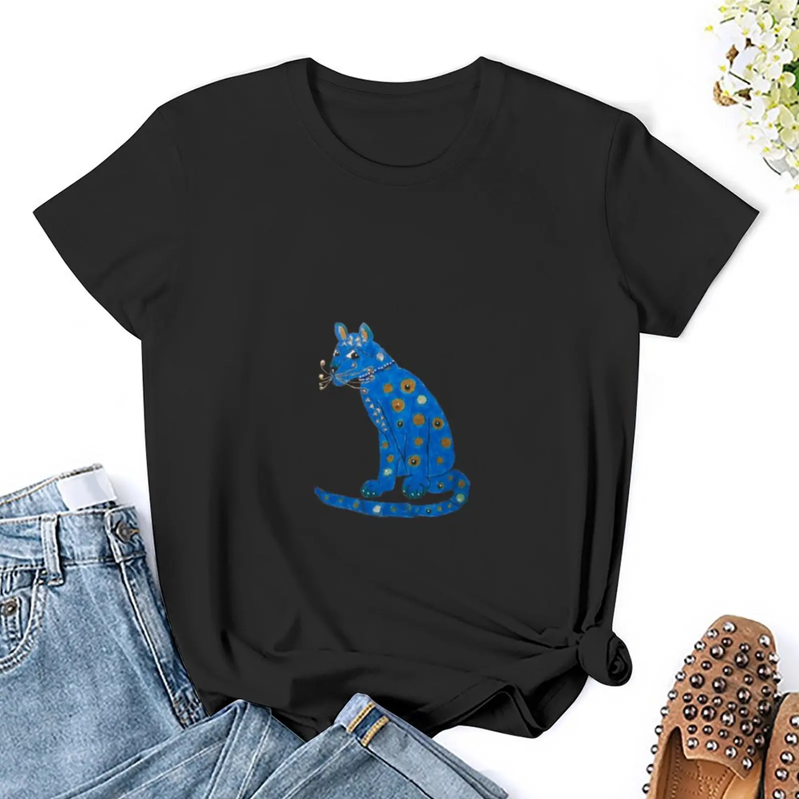 Blue Cat Graphic Tees para mulheres, tops plus size, camisas para senhora, roupas soltas