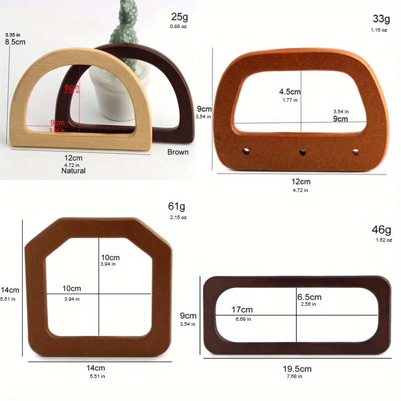 2PCS rectangular rounded corners, one-hole oak wallet handle, solid wood hexagonal D-shaped three-hole woven bag handle