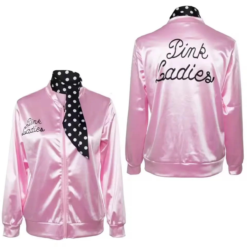 1950s Pink Satin Jacket with Neck Scarf  4XL Lady Retro 50s Jacket Women Fancy Grease Halloween Costume Cheerleader Hen Party