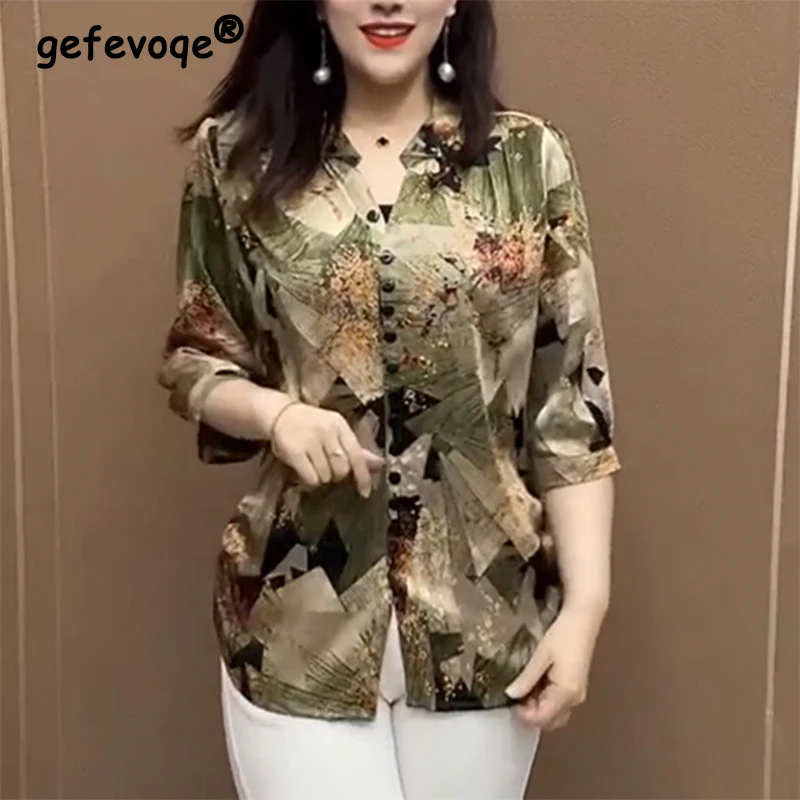 

Summer V-neck Elegant Fashion Printing Shirt Ladies 3/4 Sleeve Loose Casual Buttons Blouse Women Vintage Oversized Cardigan Tops