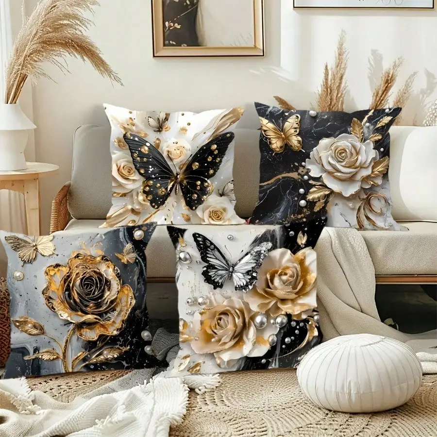4pcs Elegant Gold Floral & Butterfly Pillow Covers – Luxurious Soft Cushion Covers for Farmhouse, Living Room, Bedroom & Sofa