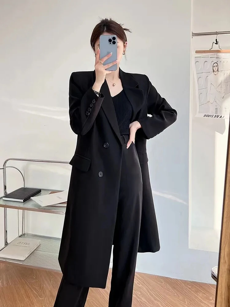 Chic Elegant Women Midi Blazers Spring Fall Long Sleeve Button Streetwear Jacket Solid Simple Office Lady British Style Outwear
