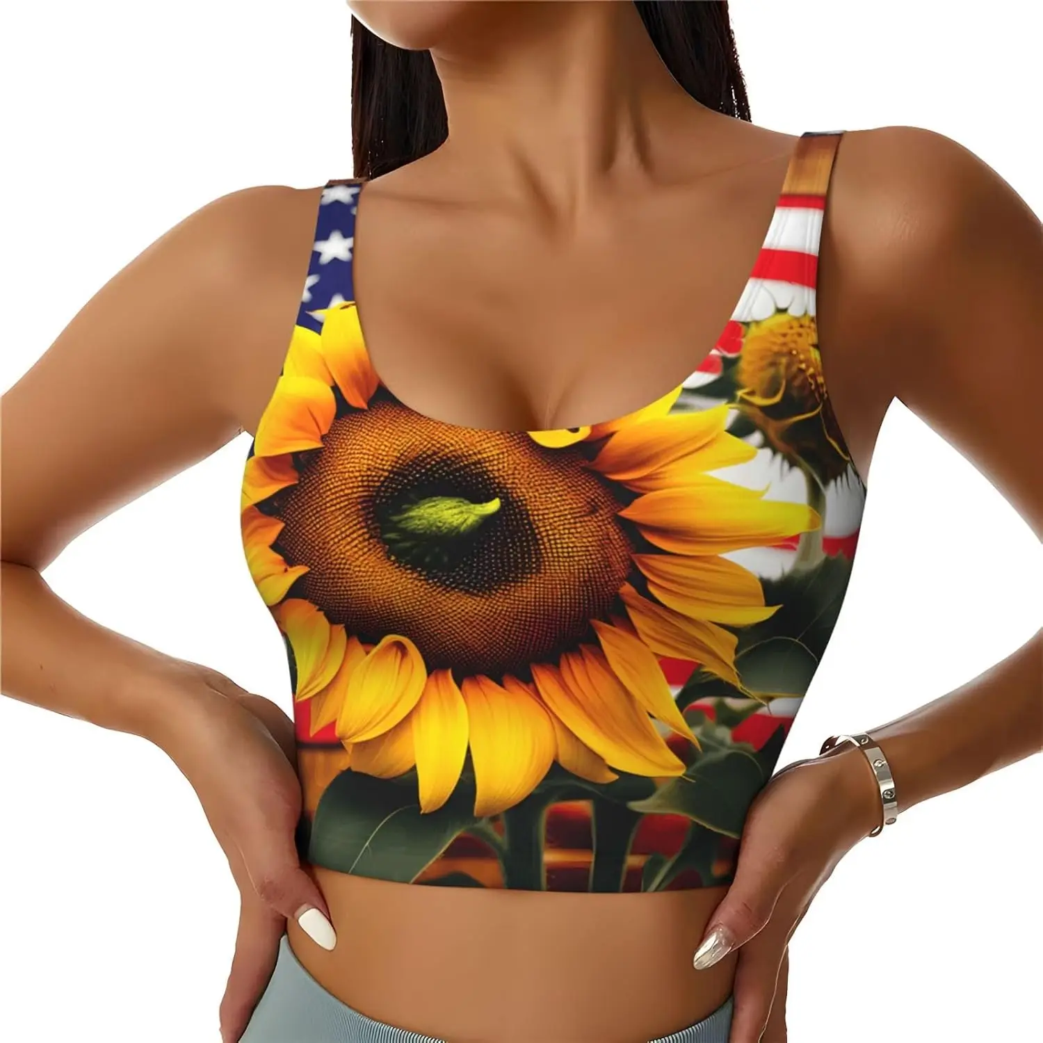 

Женский спортивный бюстгальтер с принтом подсолнечника и американского флага, компрессионный влагоотводящий высокоударный спортивный бюстгальтер для женщин