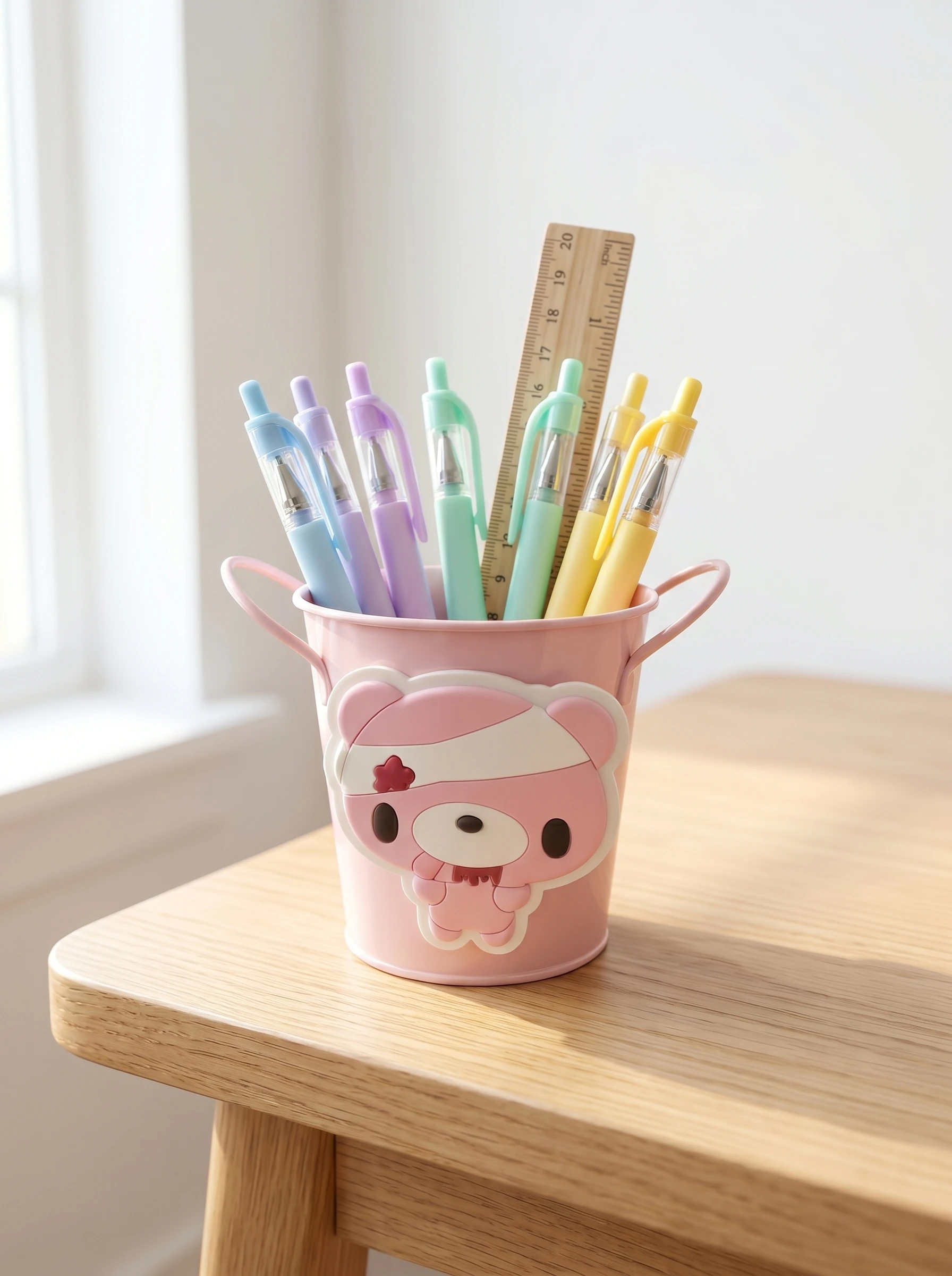 Kawaii Pink Small Metal Pail Cartoon Bear 3D Patch Mini Iron Bucket Desk Stationery Storage Flower Vase Gift Container