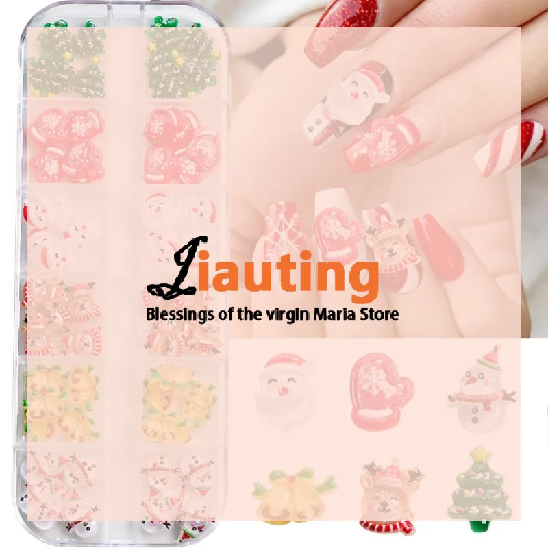 12 Griglia 36/60 Pz Kawaii Mini Pupazzo di Neve Albero di Natale Pendenti e Ciondoli per unghie 3D Renna Babbo Natale Strass per unghie Resina Gemme per unghie di Natale