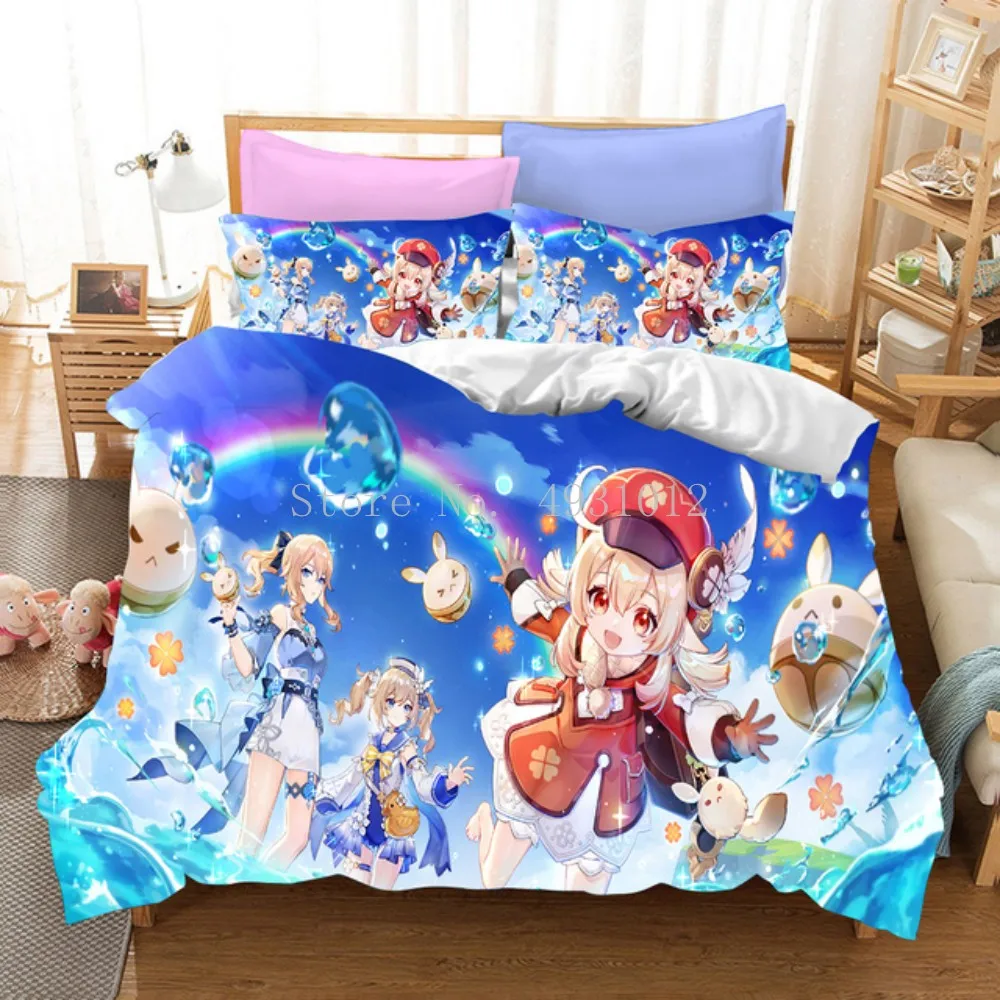 Game Genshin Impact Bedding Sets Quilt Bed Cover Duvet Cover Pillow Case 3 Pieces Sets Kids Adult Size Bedclothes Home Textile