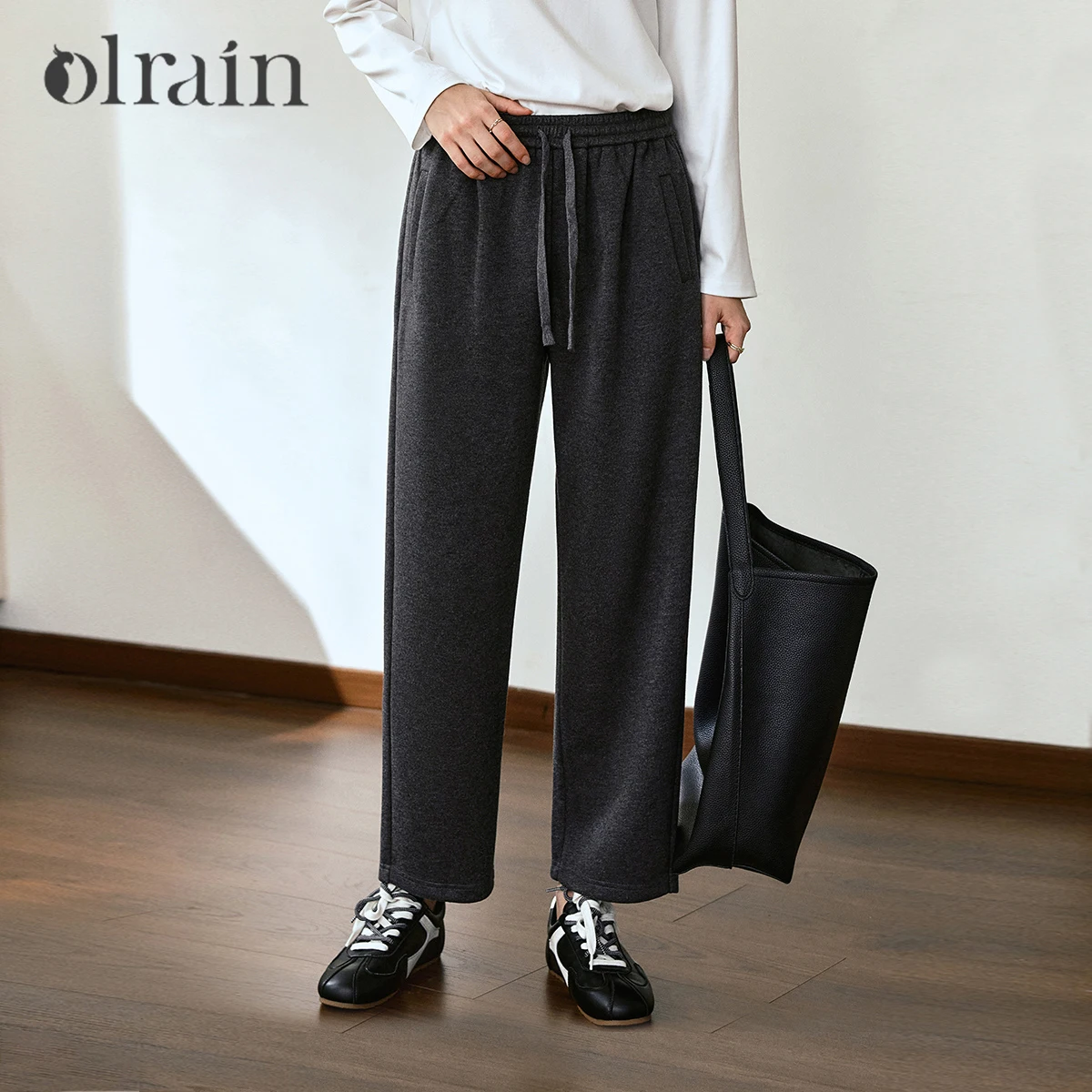 

OLrain Casual Straight Pants Solid Commute Knitted Pant 2025 Autumn New Drawstring Elastic Waist Versatile Trousers O57QK001132