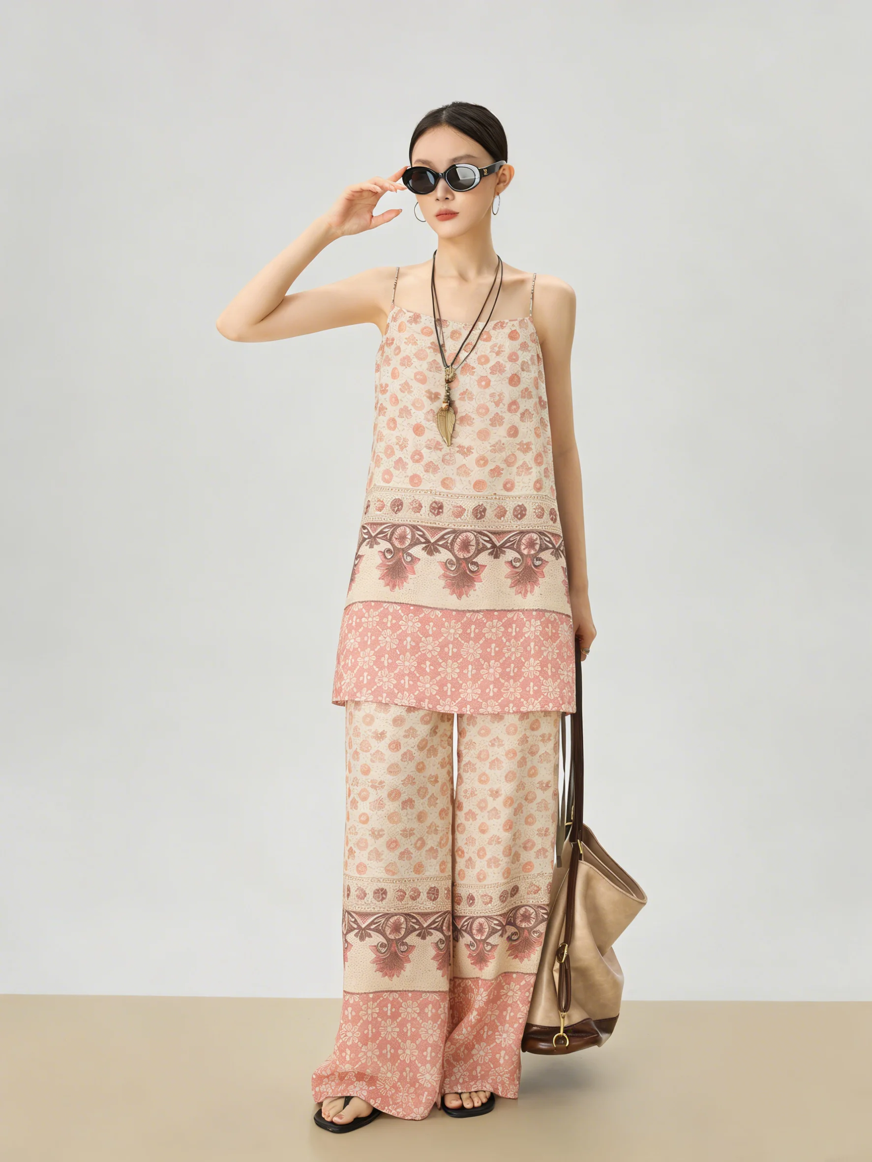 

Bohemian Geometric Floral Print Pink Strap Long Pants Set Women's Fashion Summer Outfit High Waist Loose Fit Casual Style