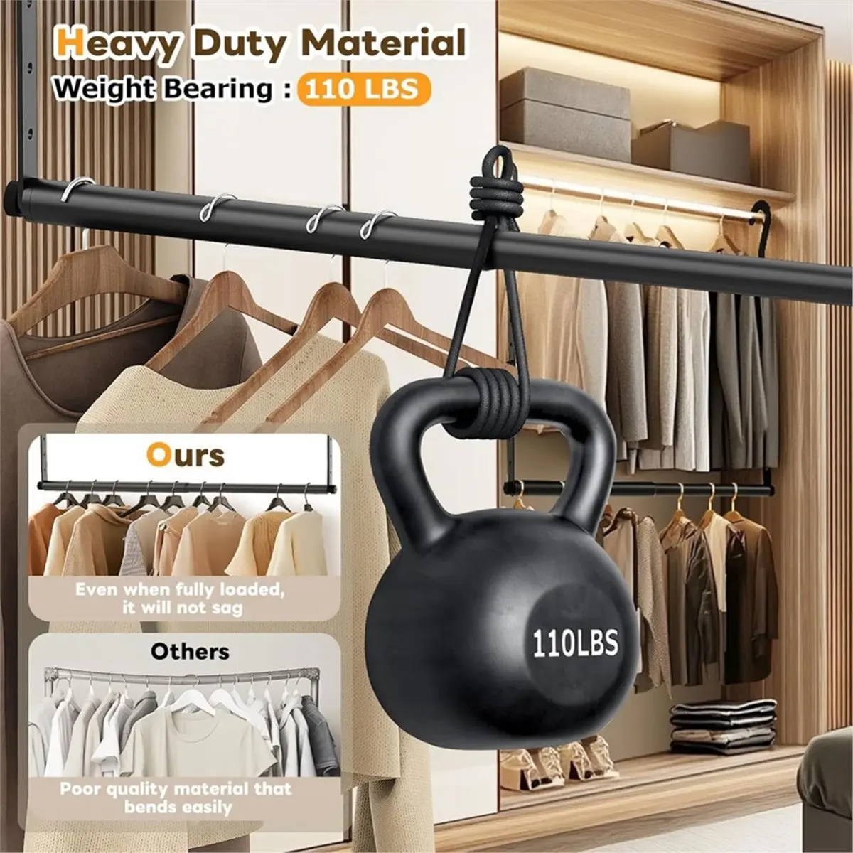 giftnew 2 Pack Adjustable Closet Rods for Hanging Clothes, Heavy Duty Closet Hanging Rod, Double Hanging Closet Rod
