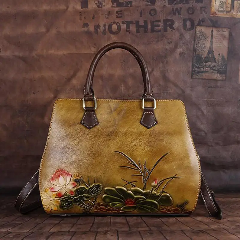 Johnature Handmade First Layer Cow Leather Women Bag 2024 New Vintage Embossing Shoulder Bags Large Capacity Leisure Handbag