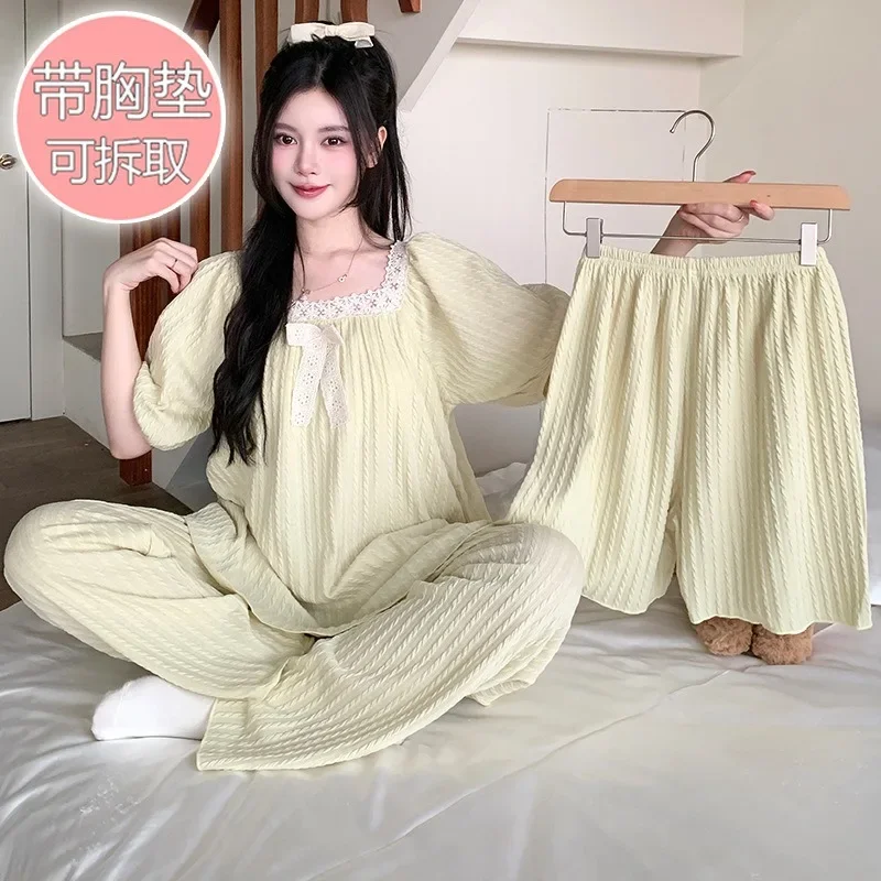 5XL Plus Size 3pc Set Women Cotton Pajamas Set with Chest Pad Short Sleeves Tops Shorts and Trousers Korean Sweet Homewear 120kg