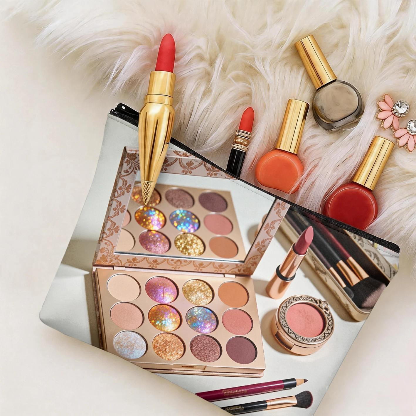Makeup Bag with Eyeshadow Palette Lipstick Cosmetics Print, Portable Travel Organizer Women's clothing