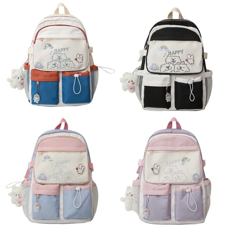 Mochila multicolorida para estudantes da escola primária com emblema pingente Chubby Bear