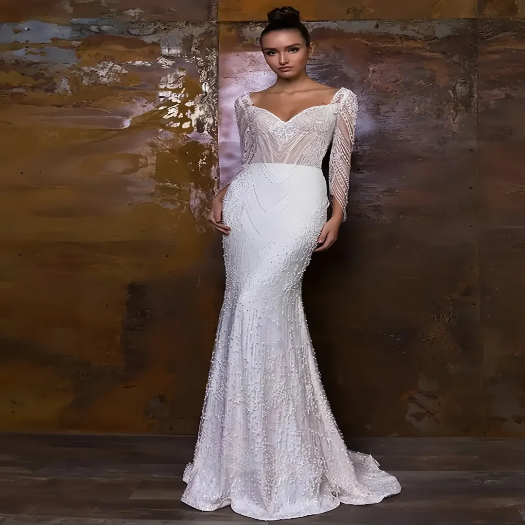 Suknie ślubne syreny na zamówienie, seksowne, dla kobiet, dekolt w serce, błyszczące, długie rękawy, suknia ślubna, sukienki odpinane.