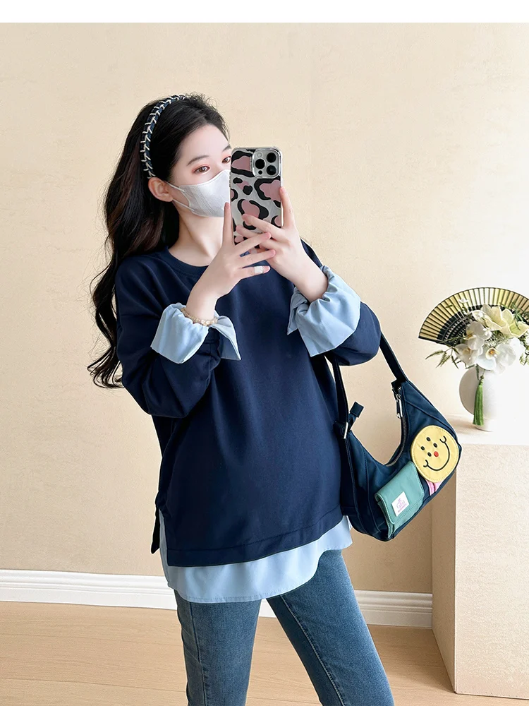 2025 Spring and Autumn Pregnant Women Fashion Style Loose Fleece Jacket Navy Blue Maternity Sweatshirts Casual Pregnancy Hoodies