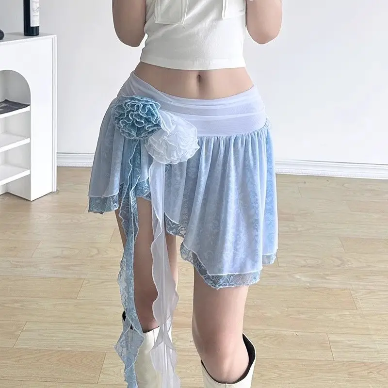 

New Irregular A-Fold Split Women's 2024 Summer Spliced Gauze Flower Fashion Elegant Minimalist Casual All-match Short Skirt