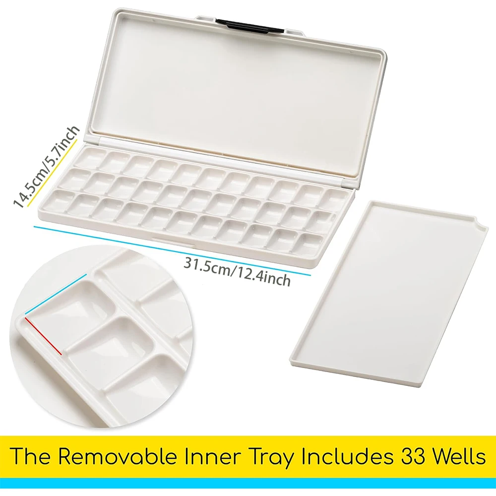Watercolor Palette with Lid: 33 Wells Airtight Folding Paint Palette with Large Mixing Tray - Empty Acrylic Painting Art Pallet