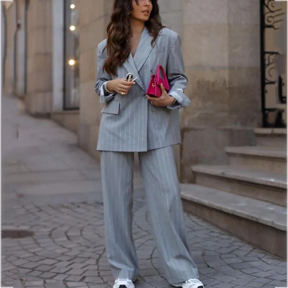 

Свободный повседневный женский костюм из двух предметов (куртка + брюки), модный полосатый двубортный костюм с острым лацканом, элегантный офисный наряд