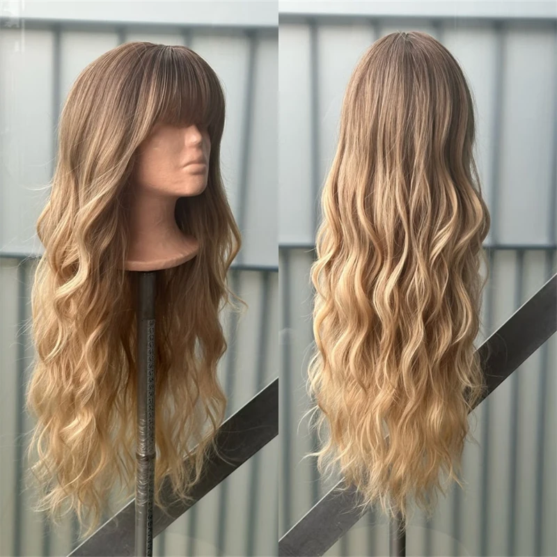 

Ombre Golden Blonde HD Парик фронта шнурка с челкой Бесклеевой длинный волнистый синтетический парик шнурка для женщин 26-дюймовый женский парик высокой плотности
