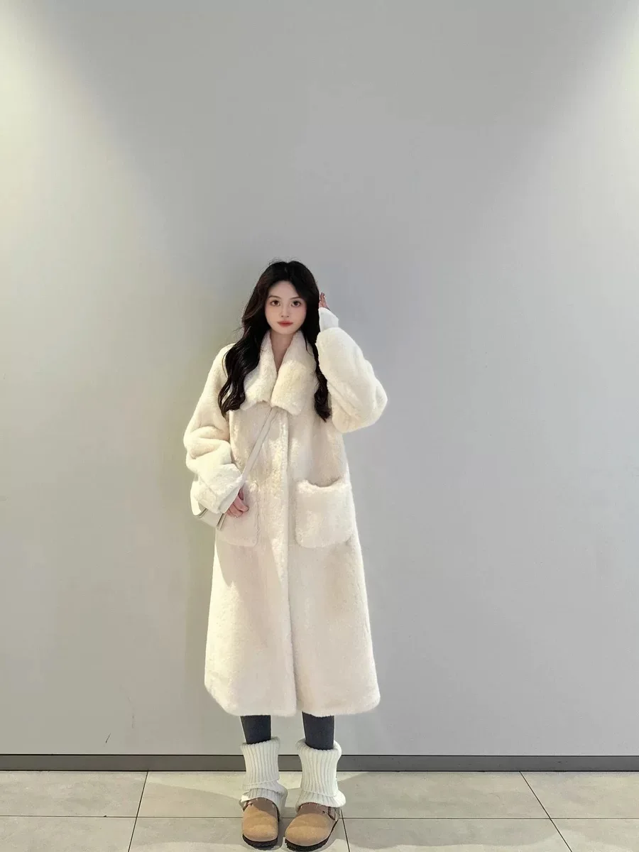 

Белое длинное утепленное хлопковое пальто с мехом кролика для женщин, осенне-зимнее, повседневное, однотонное, свободного кроя