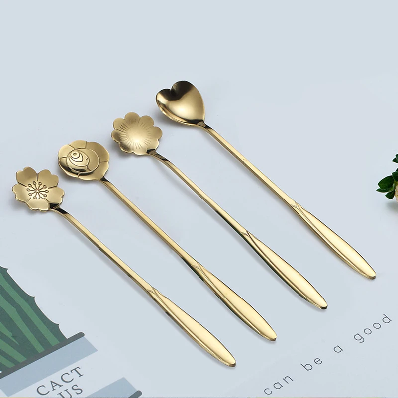 Stainless Steel Teaspoons For Coffee Floral Spoon For Ice Cream Dessert Scoop Kitchen Accessories Wedding Christmas Gift  Rose