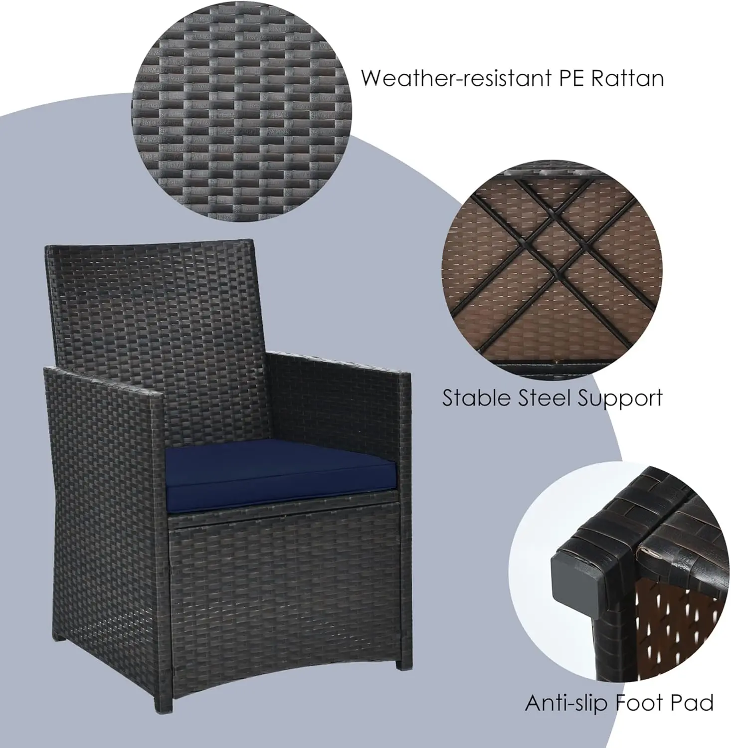 طقم بيسترو روطان خارجي مكون من 3 قطع مع وسائد، سطح زجاجي، كحلي