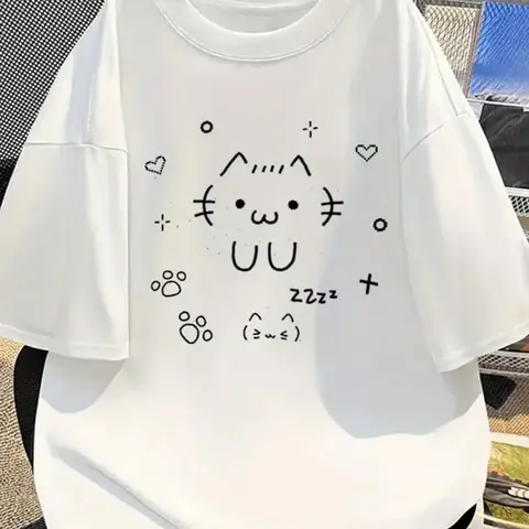 UU 만화 프린트 패션 패턴 티셔츠 캐주얼 반팔 흰색 티셔츠 귀여운 고양이 여름 스타일 장난스럽고 편안한 Y2K