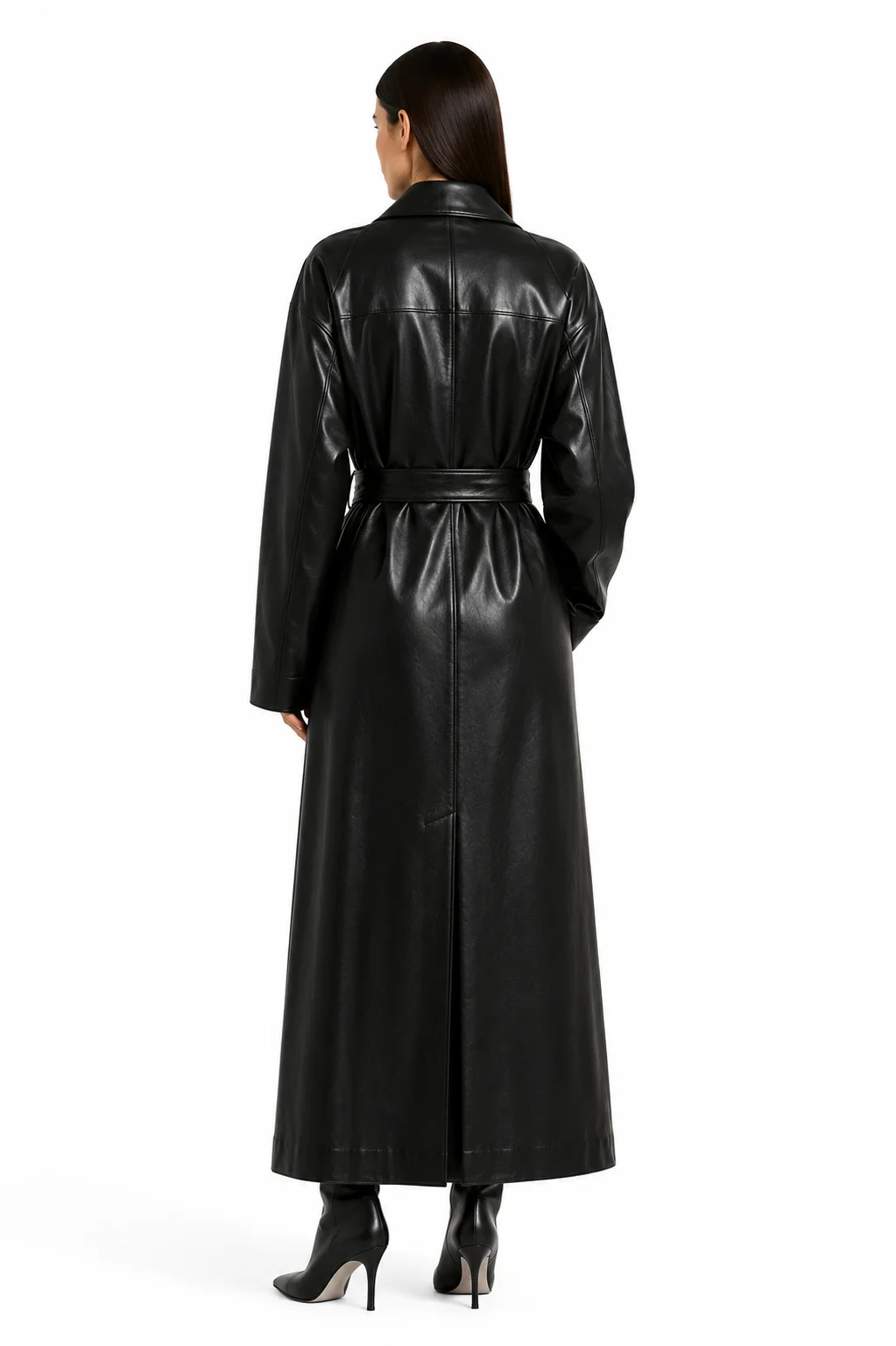 Luxury Black Nappa Leather Trench Coat with Double-Breasted Lapel and Belted Waist