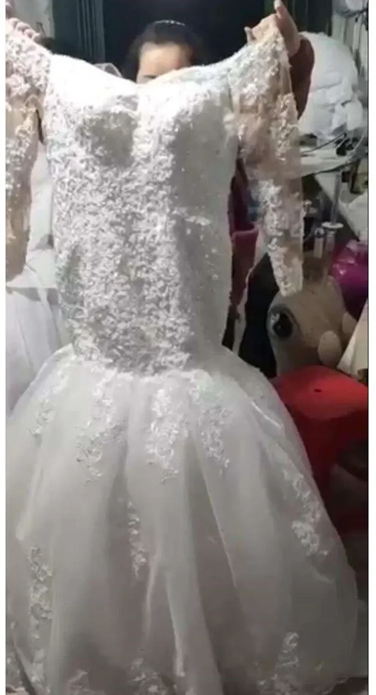 تخصيص الخامس الرقبة الدانتيل يزين حورية البحر فستان الزفاف Vestido De Casamento كم طويل الأفريقي خمر مشد فستان الزفاف