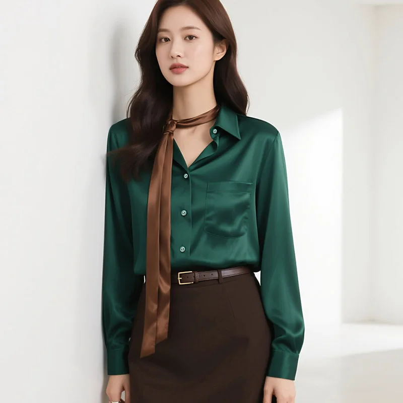 Spring Autumn Elegant Satin Women's Blouse 2025 New One Pocket French Style Single Breasted Casual Loose Office Shirts Female