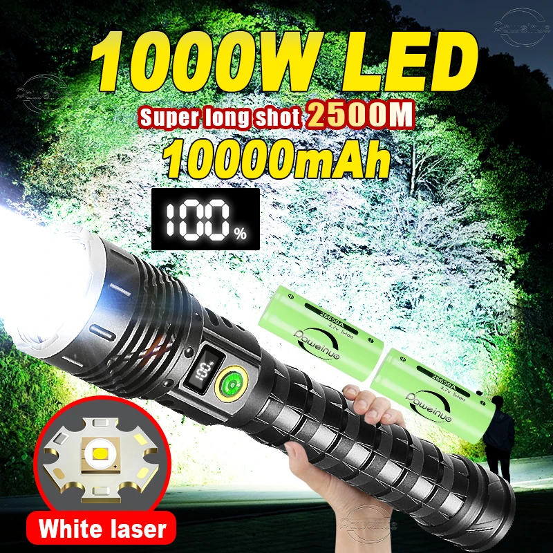 2024 1000W 10000mAh Most Powerful Led Flashlight 2500M High Power LED Flashlight Outdoor Ultra Bright LED Torch Tactical Lantern