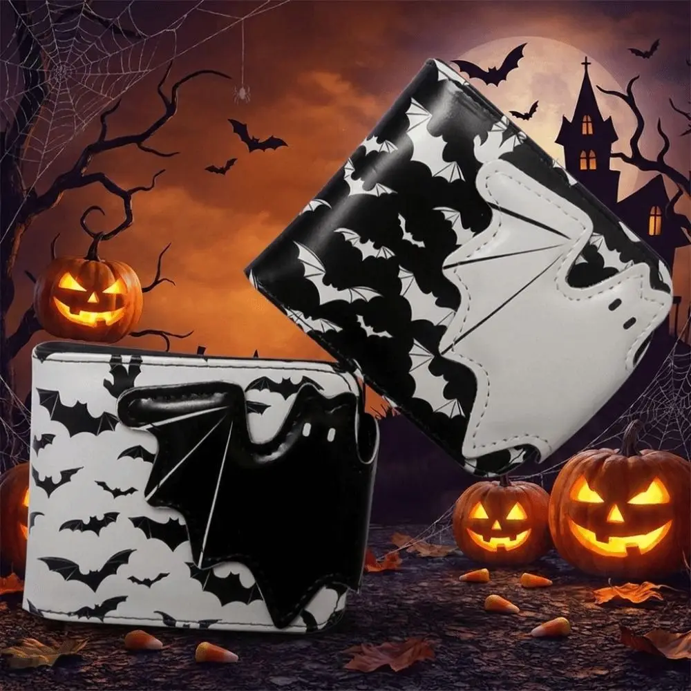 Multi-Functional Bat Ghost Print Wallet Long Strap Large Capacity Foldable Coin Purse Portable Buckle Design