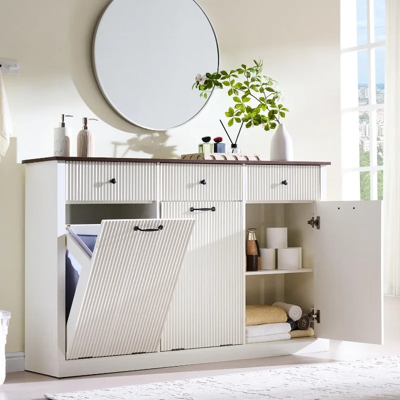 IFBUY Triple Tilt Out Laundry Hamper Cabinet, Modern Fluted Trash Can Cabinet Hidden Garbage Can Cabinet w/Laundry Basket