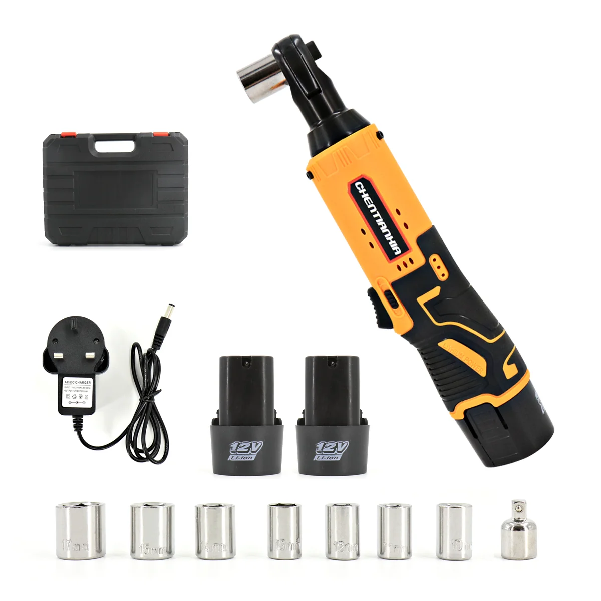 380Nm Electric Cordless Right Ratchet 3/8'' 90 Angle Wrench Power 2x Battery Kit