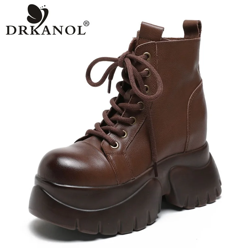 DRKANOL Women Boots 2024 Real Cow Leather Thick Sole Height Increasing Retro Style Thick Plush Winter Warm Platform  Ankle Boots