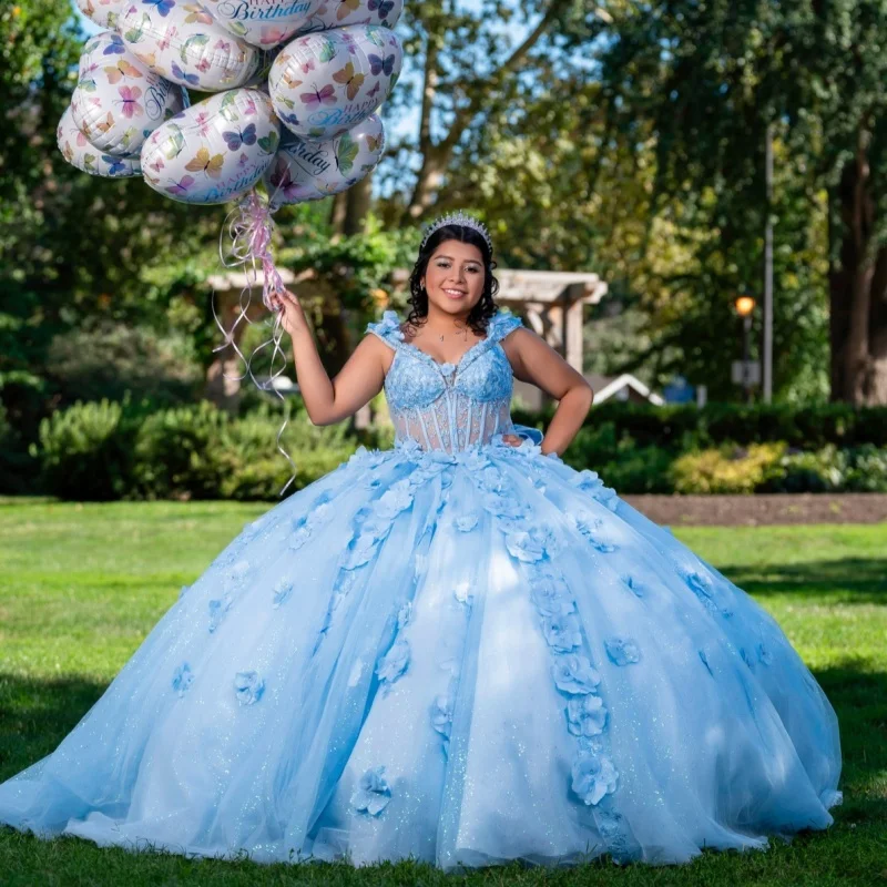 فستان Quinceanera أزرق سماوي لامع عاري الكتفين لامع ثلاثي الأبعاد على شكل زهرة ملصق دانتيل بذيل طويل فيونكة فيستدوس دي 15 Quinceanera تخصيص #4