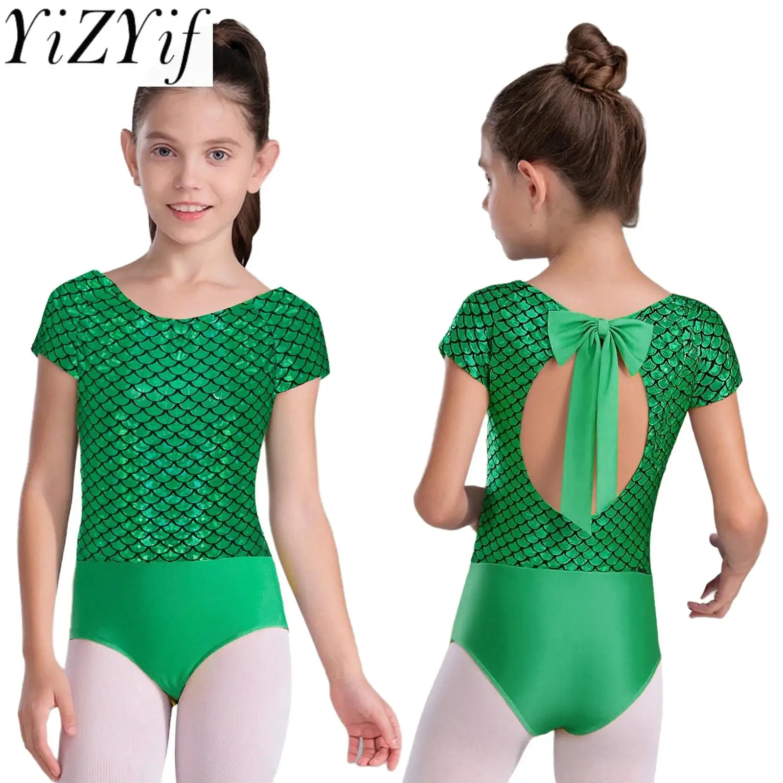 

Kids Girls Fashion Fish Scale Print Ballet Dance Leotard Sequins Bowknot Back Bodysuit for Gymnastics Dance Performance Bodysuit