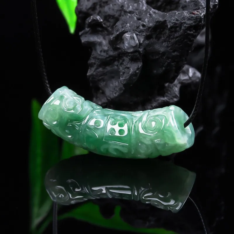 Jade Carved Repeating Pattern Curved Tube Lulu Tong Pendant Accessories, Couple's Handmade Rope Necklace Jewelry view 4