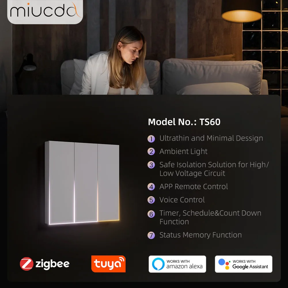 Miucda tuya zigbee interruptor de luz inteligente 1/2/3/4 gang fio neutro botão interruptor de luz ambiente trabalho para alexa google casa