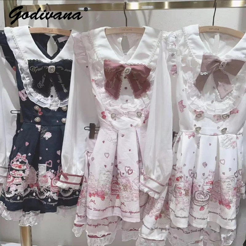 

Japanese Mine Sweet Liz Dress Set Cute Girl Women Big Bow Slim Long Sleeve Printed Lolita Dress A-line Skirt 2 Peice Set Outfits