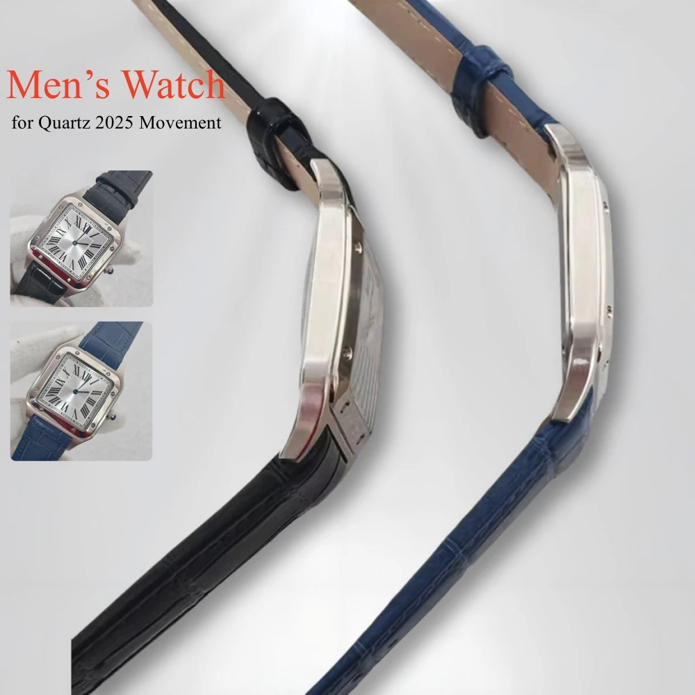 

34mm Square Leather Strap Quartz 2025 Movement Solid-Back Stainless Steel Case New Men's Watch