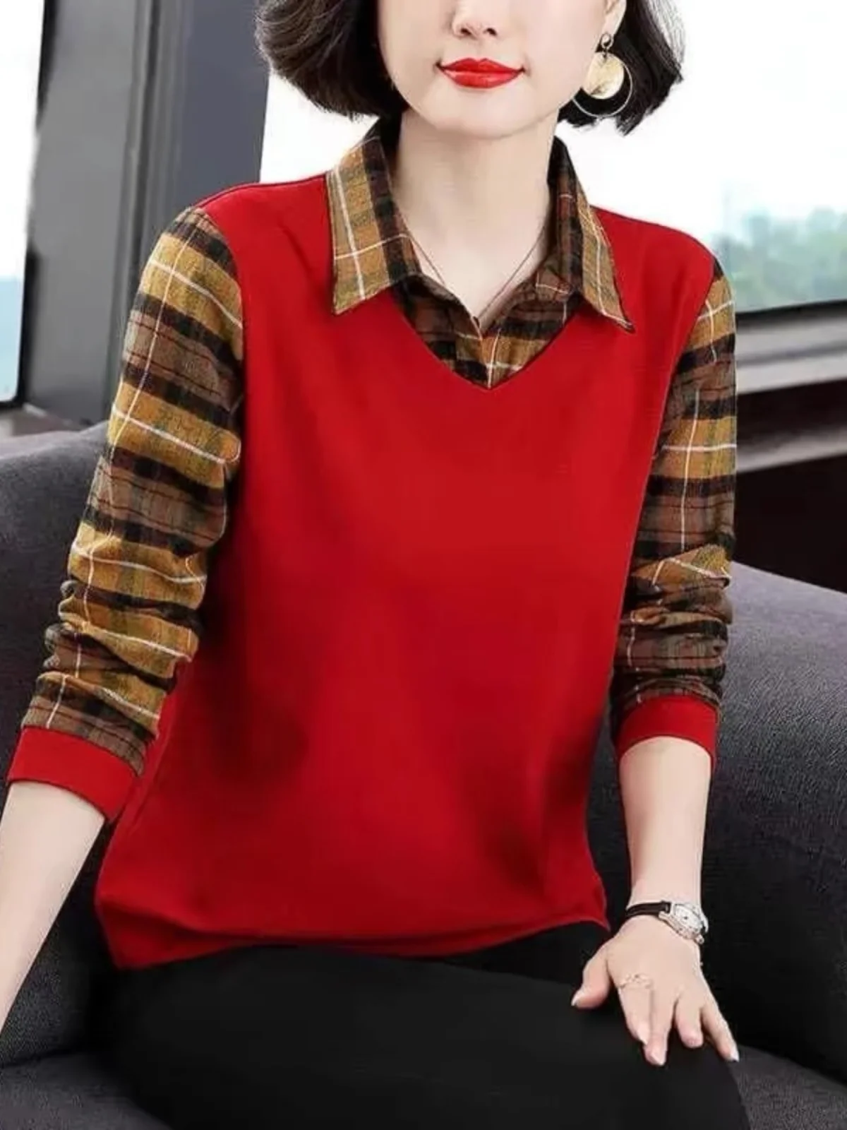 봄 가을 큰 사이즈 엄마들을 위한 세련되고 편안한 롱 슬리브 티셔츠 여성 투피스룩 출퇴근룩 한국 스타일...