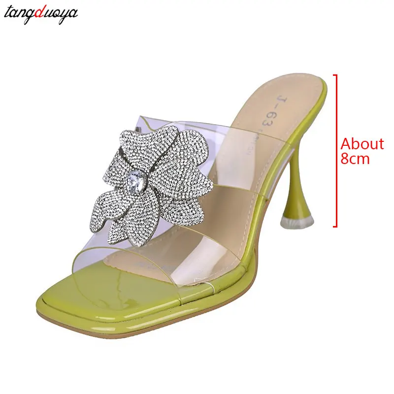 Women\'s slippers Elegant rhinestone flower design slippers summer PVC clear thin high heels sandals women\'s party dress pumps