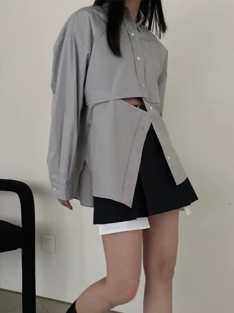 Blue Zipper Splice Design Women's Long Sve irt Faionable Single Button Midi Length Top Commute Sle Pure E-commerce