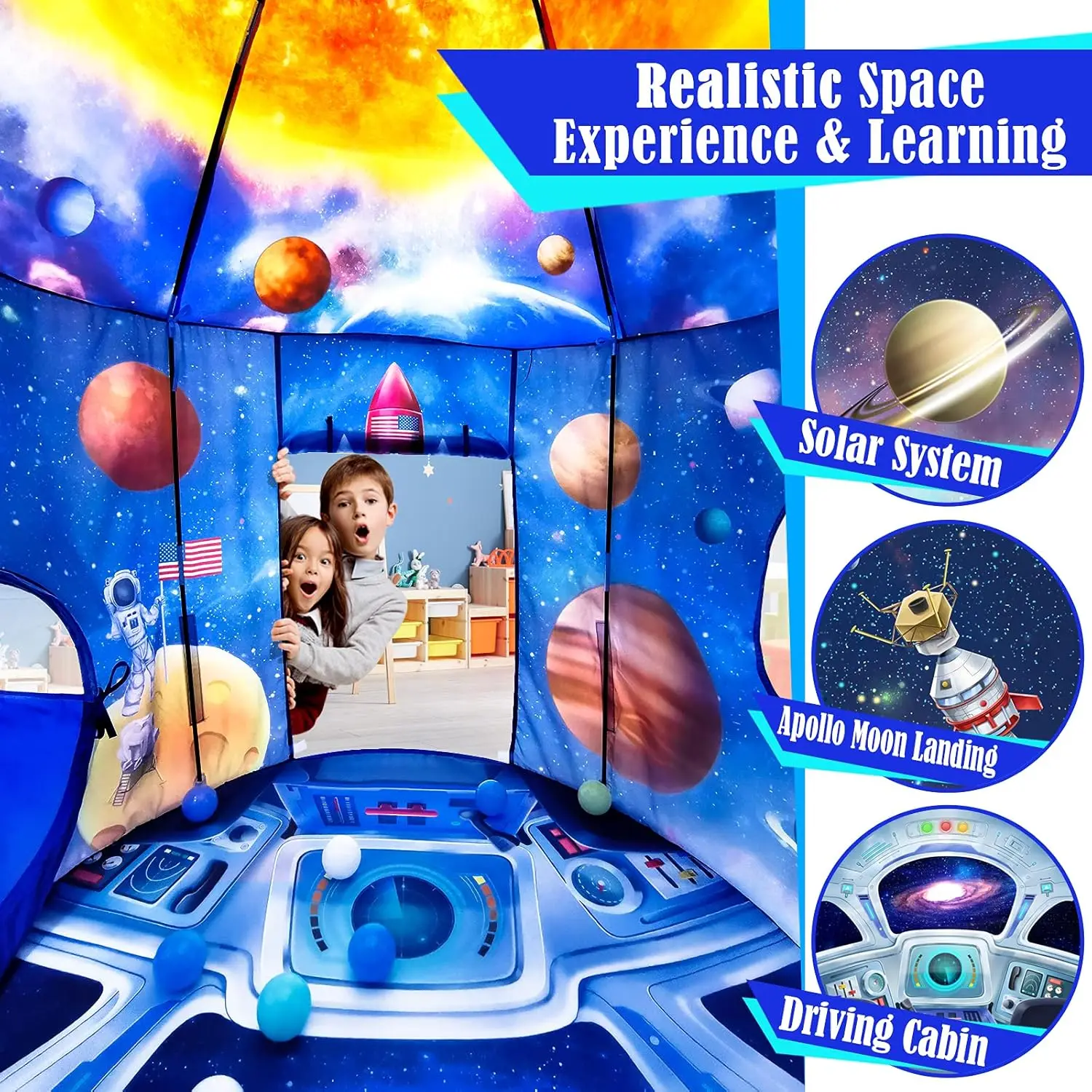 3pc Kids Play Tent for Boys with Ball Pit, Crawl Tunnel, Rocket Ship Tents for Toddlers, Baby Space World Playhouse Toys, Boys I