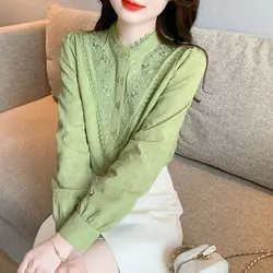 Spring Autumn New Fashion Half High Collar Long Sleeve Solid Color Blouse Women's Clothing Pleated Korean Simplicity Thin Shirts