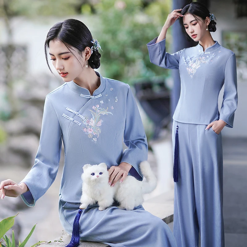 New Chinese Style Handmade Embroidered Fake Two-Piece  Top Women's Long Skirt Zen Clothing Tea Ceremony Costume
